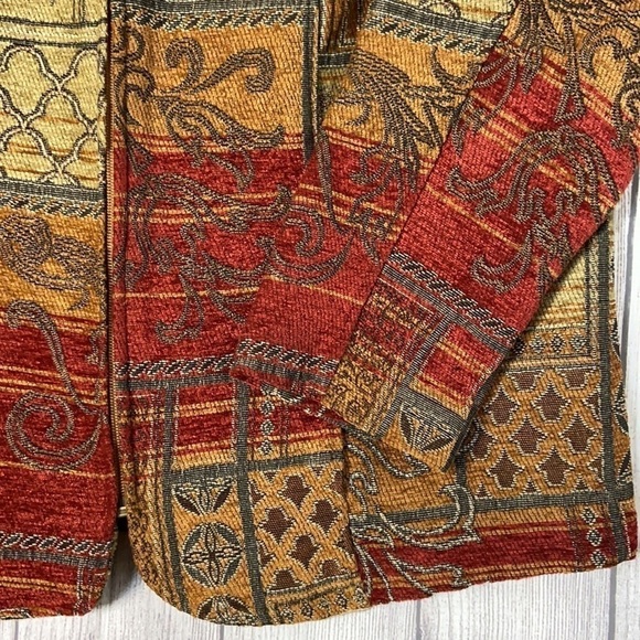 CJ Banks Tapestry Full Zip Burgundy Red Orange Brown Cream Floral Swirl Blazer - Picture 10 of 16